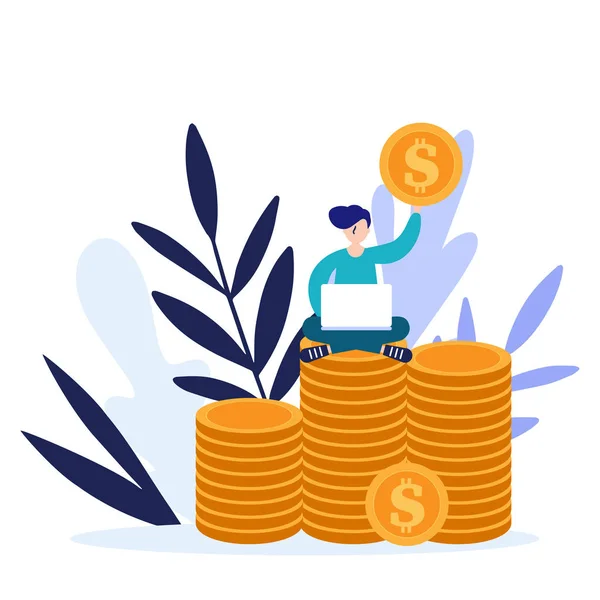 Man working in the Internet and earning money, concept of money.Flat vector illustration isolated on white background. Can use for web banner, infographics, web page — Stockový vektor