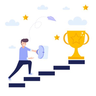 Başarı elde etmek, ödül almak, başarılı iş stratejisi kavramı. Düz vektör çizimi beyaz arkaplanda izole edildi. Web pankartı, bilgi grafikleri ve web sayfası için kullanılabilir.