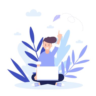 Adam dizüstü bilgisayarla çalışıyor, mutlu kız. Beyaz arka planda izole edilmiş düz vektör çizimi. Web pankartı, bilgi grafikleri ve web sayfası için kullanılabilir.