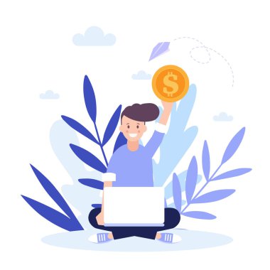 Adam dizüstü bilgisayarla çalışıyor, mutlu kız. Beyaz arka planda izole edilmiş düz vektör çizimi. Web pankartı, bilgi grafikleri ve web sayfası için kullanılabilir.