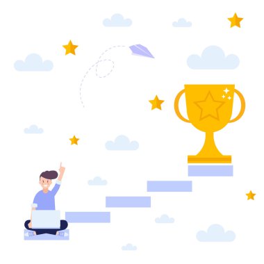 Man achieving success, get trophy,  concept of successful business strategy.Flat vector illustration isolated on white background. Can use for web banner, infographics, web page.