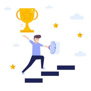 Man achieving success, get trophy,  concept of successful business strategy.Flat vector illustration isolated on white background. Can use for web banner, infographics, web page.