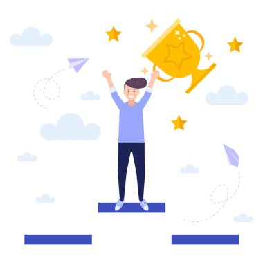Man achieving success, get trophy,  concept of successful business strategy.Flat vector illustration isolated on white background. Can use for web banner, infographics, web page.