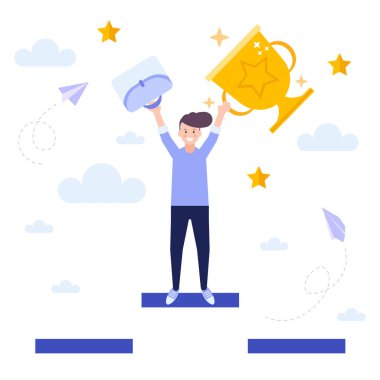 Man achieving success, get trophy,  concept of successful business strategy.Flat vector illustration isolated on white background. Can use for web banner, infographics, web page.