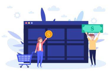 İnternetten alışveriş yap. Çevrimiçi iş. Düz vektör illüstrasyonu beyaz arkaplanda izole edildi. Web pankartı, bilgi grafikleri ve web sayfası için kullanılabilir.