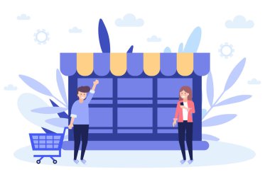 Çevrimiçi alışveriş, kartla ödeme, özel teklifler ve satış. Beyaz arka planda izole edilmiş düz vektör illüstrasyonu. Web pankartı, bilgi grafikleri ve web sayfası için kullanılabilir.