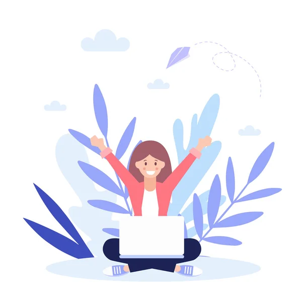 Menina trabalhando com lap top, menina feliz.Ilustração vetorial plana isolada no fundo branco. Pode usar para banner web, infográficos, página da web . — Vetor de Stock