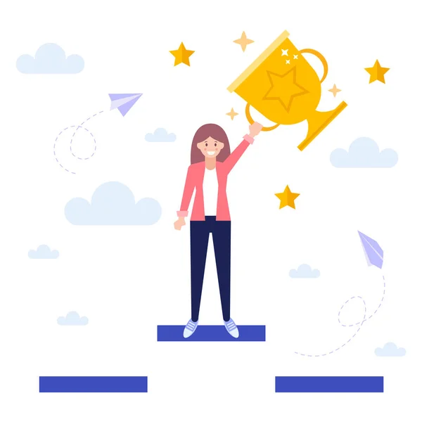 Girl achieving success, get trophy,  concept of successful business strategy.Flat vector illustration isolated on white background. Can use for web banner, infographics, web page. — Stock Vector