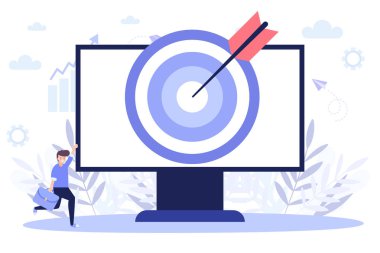 Web afişi hedefleniyor, başarılı oluyor. Düz vektör illüstrasyonu beyaz arkaplanda izole edildi. Web pankartı, bilgi grafikleri ve web sayfası için kullanılabilir.