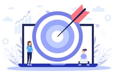 Web afişi hedefleniyor, başarılı oluyor. Düz vektör illüstrasyonu beyaz arkaplanda izole edildi. Web pankartı, bilgi grafikleri ve web sayfası için kullanılabilir.