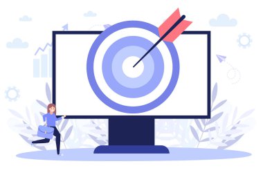 Hedefleme konsepti, iş stratejisi. Beyaz arka planda izole edilmiş düz vektör çizimi. Web pankartı, bilgi grafikleri ve web sayfası için kullanılabilir.