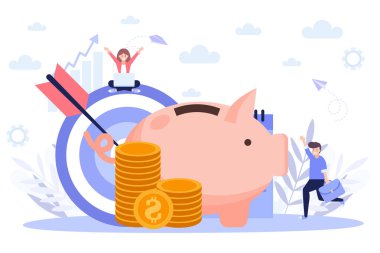 Hedefleme, para büyümesi, başarılı işler. Beyaz arka planda izole edilmiş düz vektör çizimi. Web pankartı, bilgi grafikleri ve web sayfası için kullanılabilir.