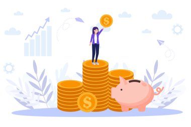 Hedefleme, para büyümesi, başarılı işler. Beyaz arka planda izole edilmiş düz vektör çizimi. Web pankartı, bilgi grafikleri ve web sayfası için kullanılabilir.