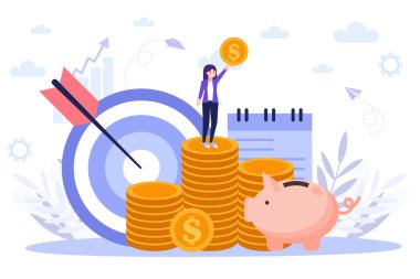 Hedefleme, para büyümesi, başarılı işler. Beyaz arka planda izole edilmiş düz vektör çizimi. Web pankartı, bilgi grafikleri ve web sayfası için kullanılabilir.