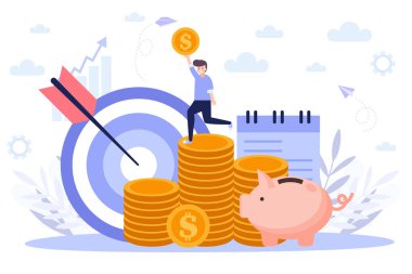 Hedefleme, para büyümesi, başarılı işler. Beyaz arka planda izole edilmiş düz vektör çizimi. Web pankartı, bilgi grafikleri ve web sayfası için kullanılabilir.