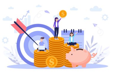Hedefleme, para büyümesi, başarılı işler. Beyaz arka planda izole edilmiş düz vektör çizimi. Web pankartı, bilgi grafikleri ve web sayfası için kullanılabilir.