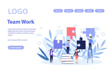 Takım oluşturma ve takım çalışması web sayfası. Düz vektör çizimi beyaz arka planda izole edildi. Web pankartı, bilgi grafikleri ve web sayfası için kullanılabilir