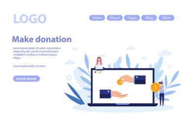 Bağış yap, hayır kurumu web sayfası. Beyaz arka planda izole edilmiş düz vektör illüstrasyonu. Web pankartı, bilgi grafikleri ve web sayfası için kullanılabilir
