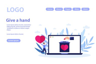 Bağış yap, hayır kurumu web sayfası. Beyaz arka planda izole edilmiş düz vektör illüstrasyonu. Web pankartı, bilgi grafikleri ve web sayfası için kullanılabilir