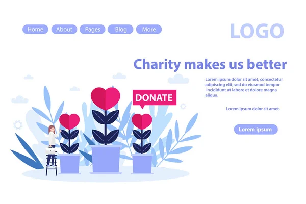 Maak donatie, liefdadigheid webpagina.Flat vector illustratie geïsoleerd op witte achtergrond. Kan gebruikt worden voor webbanner, infographics, webpagina — Stockvector