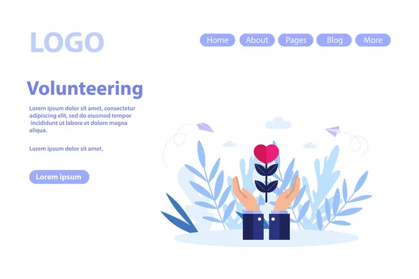 Página web de conceito de voluntariado e ajuda voluntária.Ilustração vetorial plana isolada em fundo branco. Pode usar para banner web, infográficos, página da web —  Vetores de Stock