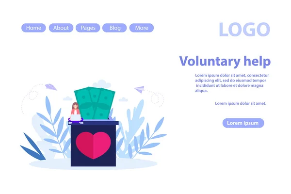 Página web de conceito de voluntariado e ajuda voluntária.Ilustração vetorial plana isolada em fundo branco. Pode usar para banner web, infográficos, página da web —  Vetores de Stock