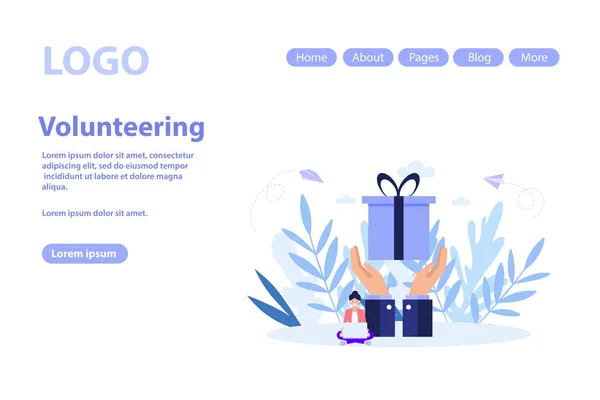 Página web de conceito de voluntariado e ajuda voluntária.Ilustração vetorial plana isolada em fundo branco. Pode usar para banner web, infográficos, página da web —  Vetores de Stock