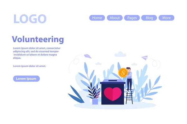 Volunteering and voluntary help concept web page.Flat vector illustration isolated on white background. Can use for web banner, infographics, web page — ストックベクタ