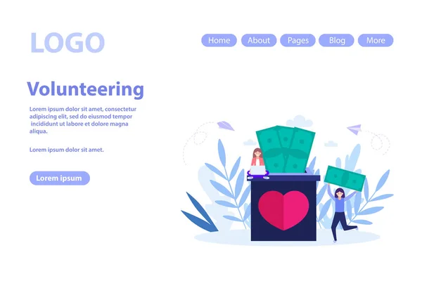 Página web de conceito de voluntariado e ajuda voluntária.Ilustração vetorial plana isolada em fundo branco. Pode usar para banner web, infográficos, página da web —  Vetores de Stock