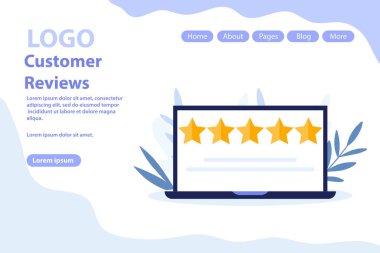 Müşteri değerlendirmeleri, geri bildirim sayfası. Beyaz arkaplanda izole edilmiş düz vektör illüstrasyonu. Web pankartı, bilgi grafikleri ve web sayfası için kullanılabilir.