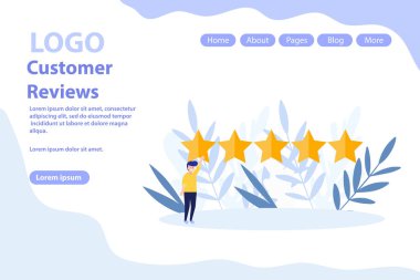 Müşteri değerlendirmeleri, geri bildirim sayfası. Beyaz arkaplanda izole edilmiş düz vektör illüstrasyonu. Web pankartı, bilgi grafikleri ve web sayfası için kullanılabilir.
