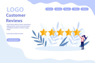 Müşteri değerlendirmeleri, geri bildirim sayfası. Beyaz arkaplanda izole edilmiş düz vektör illüstrasyonu. Web pankartı, bilgi grafikleri ve web sayfası için kullanılabilir.