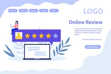 Müşteri değerlendirmeleri, geri bildirim sayfası. Beyaz arkaplanda izole edilmiş düz vektör illüstrasyonu. Web pankartı, bilgi grafikleri ve web sayfası için kullanılabilir.