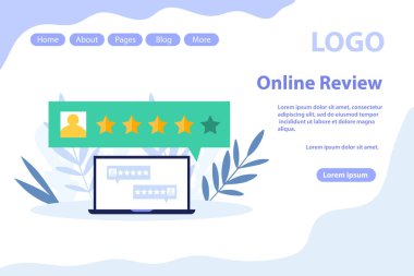 Müşteri değerlendirmeleri, geri bildirim sayfası. Beyaz arkaplanda izole edilmiş düz vektör illüstrasyonu. Web pankartı, bilgi grafikleri ve web sayfası için kullanılabilir.