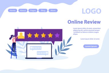 Müşteri değerlendirmeleri, geri bildirim sayfası. Beyaz arkaplanda izole edilmiş düz vektör illüstrasyonu. Web pankartı, bilgi grafikleri ve web sayfası için kullanılabilir.