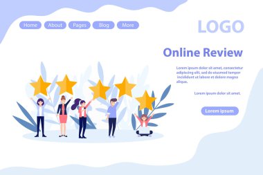 Müşteri değerlendirmeleri, geri bildirim sayfası. Beyaz arkaplanda izole edilmiş düz vektör illüstrasyonu. Web pankartı, bilgi grafikleri ve web sayfası için kullanılabilir.