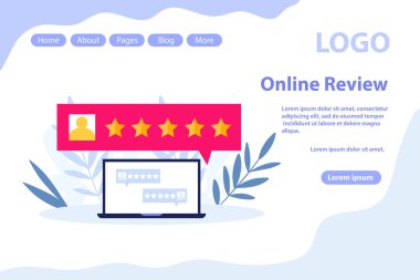 Müşteri değerlendirmeleri, geri bildirim sayfası. Beyaz arkaplanda izole edilmiş düz vektör illüstrasyonu. Web pankartı, bilgi grafikleri ve web sayfası için kullanılabilir.