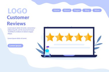 Müşteri değerlendirmeleri, geri bildirim sayfası. Beyaz arkaplanda izole edilmiş düz vektör illüstrasyonu. Web pankartı, bilgi grafikleri ve web sayfası için kullanılabilir.