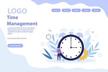 Zaman yönetimi konsepti web sayfası. Düz vektör illüstrasyonu beyaz arkaplanda izole edildi. Web pankartı, bilgi grafikleri ve web sayfası için kullanılabilir.