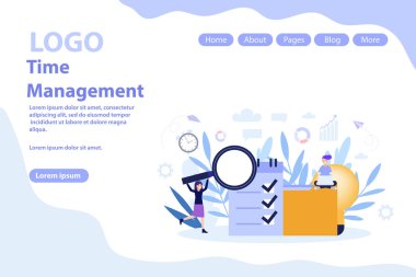 Zaman yönetimi konsepti web sayfası. Düz vektör illüstrasyonu beyaz arkaplanda izole edildi. Web pankartı, bilgi grafikleri ve web sayfası için kullanılabilir.