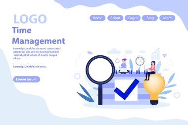 Zaman yönetimi konsepti web sayfası. Düz vektör illüstrasyonu beyaz arkaplanda izole edildi. Web pankartı, bilgi grafikleri ve web sayfası için kullanılabilir.