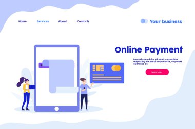 Ödeme internet sayfası. Ödeme kartı ya da nakit. Düz vektör çizimi beyaz arkaplanda izole edildi. Web pankartı, bilgi grafikleri ve web sayfası için kullanılabilir.