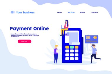 Ödeme internet sayfası. Ödeme kartı ya da nakit. Düz vektör çizimi beyaz arkaplanda izole edildi. Web pankartı, bilgi grafikleri ve web sayfası için kullanılabilir.