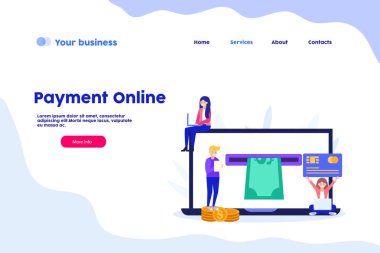 Ödeme internet sayfası. Ödeme kartı ya da nakit. Düz vektör çizimi beyaz arkaplanda izole edildi. Web pankartı, bilgi grafikleri ve web sayfası için kullanılabilir.