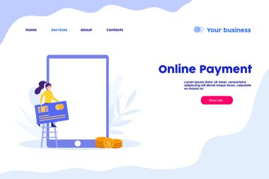 Ödeme internet sayfası. Ödeme kartı ya da nakit. Düz vektör çizimi beyaz arkaplanda izole edildi. Web pankartı, bilgi grafikleri ve web sayfası için kullanılabilir.