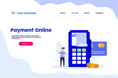 Ödeme çevrimiçi web sayfası. Ödeme kartı veya nakit yoluyla. Beyaz arkaplanda izole edilmiş düz vektör illüstrasyonu. Web pankartı, bilgi grafikleri ve web sayfası için kullanılabilir.