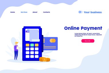 Ödeme internet sayfası. Ödeme kartı ya da nakit. Düz vektör çizimi beyaz arkaplanda izole edildi. Web pankartı, bilgi grafikleri ve web sayfası için kullanılabilir.