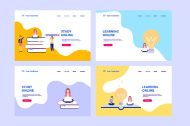 Çevrimiçi çalış, e-öğrenim web sayfası. Beyaz arkaplanda izole edilmiş düz vektör çizimi. Web pankartı, bilgi grafikleri ve web sayfası için kullanılabilir.