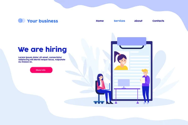 Nous embauchons, CV, cv, société de recrutement, hr agency web page.Flat vecteur illustration isolé sur fond blanc. Peut utiliser pour bannière Web, infographie, page Web . — Image vectorielle