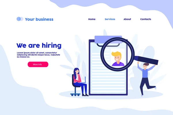 Estamos contratando, currículo, cv, empresa de recrutamento, página web agência hr. Ilustração vetorial plana isolado em fundo branco. Pode usar para banner web, infográficos, página da web . — Vetor de Stock